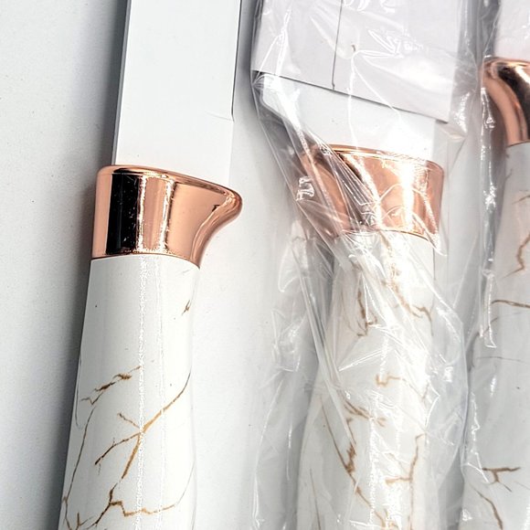 6 Knives Kitchen Cutlery White/Gold Handles Plastic Block Holder EVEYEALTH New - Picture 4 of 14